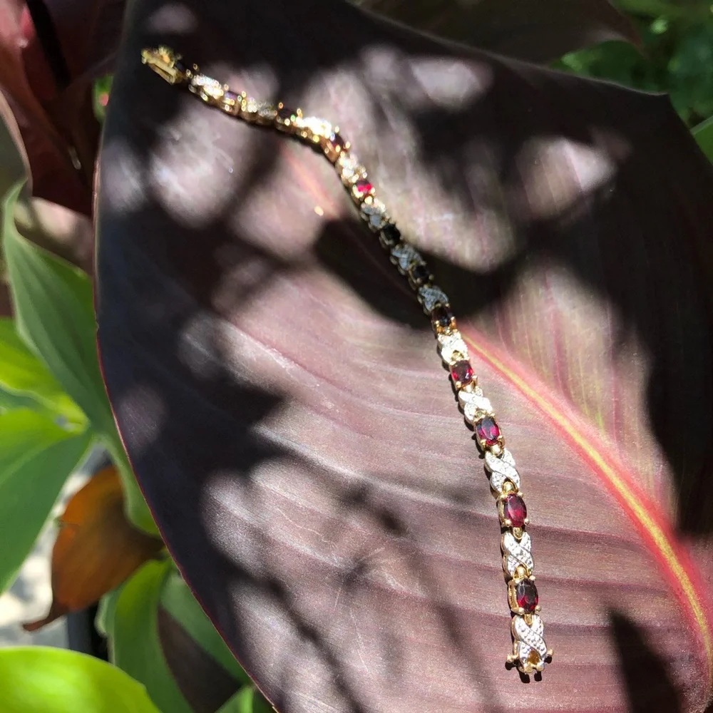 Sterling Natural Garnet Diamond Cut Crossover Vermeil Gold Tennis Bracelet - Picture 13 of 13